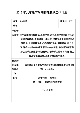 2012年九年级下学期物理教学工作计划