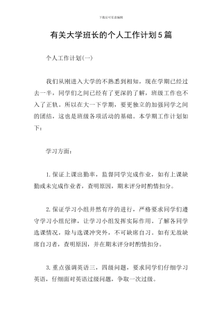 有关大学班长的个人工作计划5篇