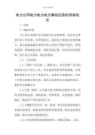 电力公司电力电力电力事故应急的预案短文