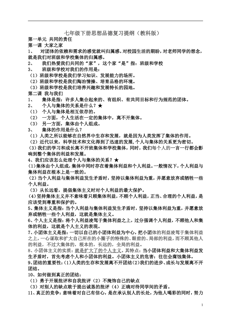 七年级下册思想品德复习提纲_第1页