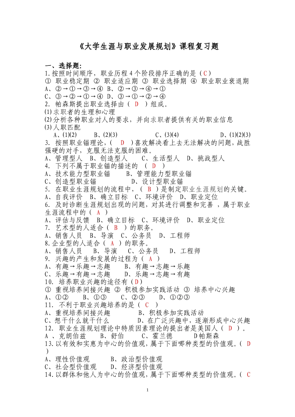大学生涯与职业发展规划课程期末考试复习题目_第1页