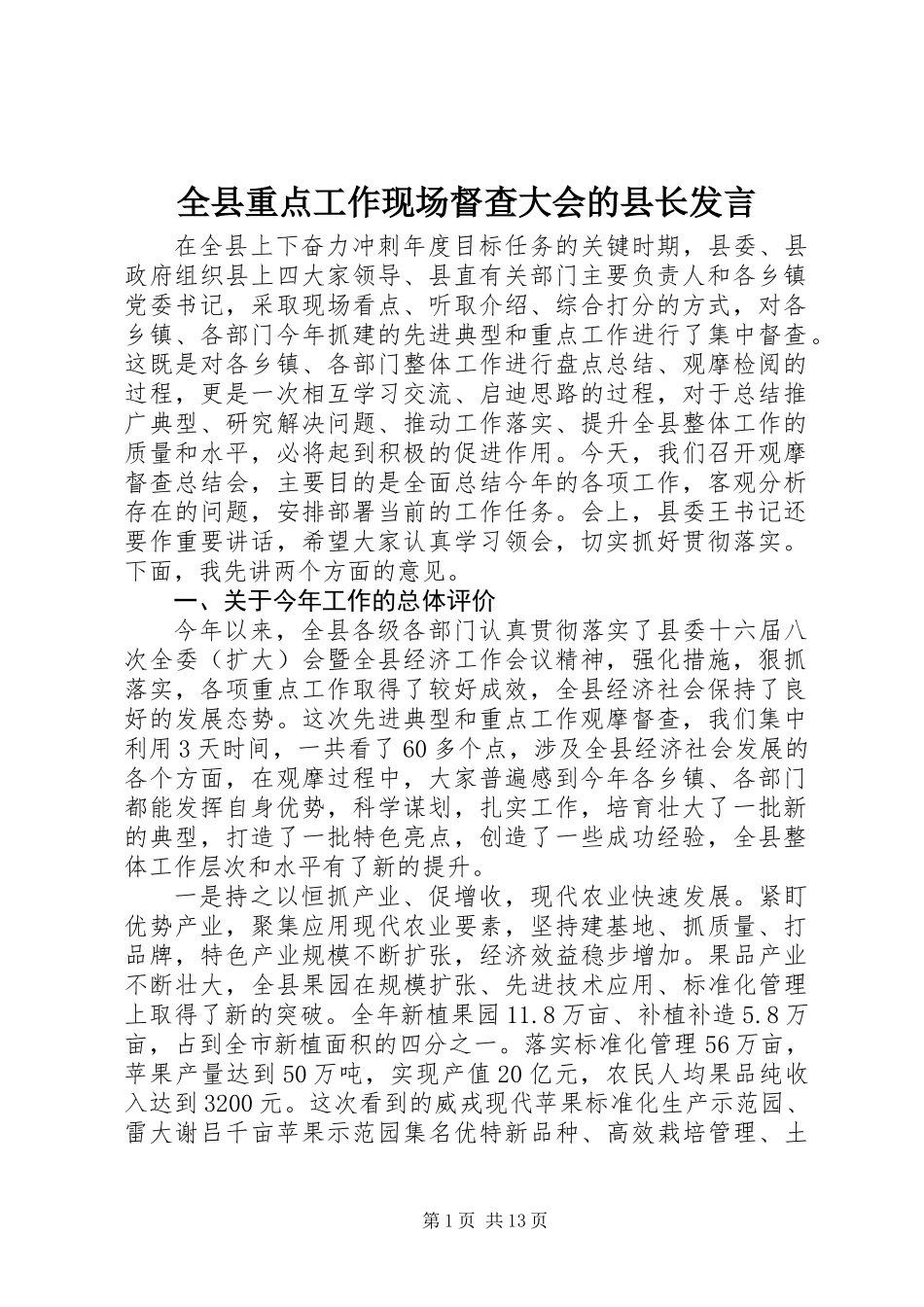 全县重点工作现场督查大会的县长发言_第1页