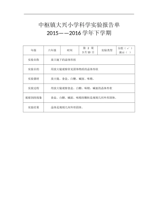 中枢镇大兴小学科学实验报告单(六下)