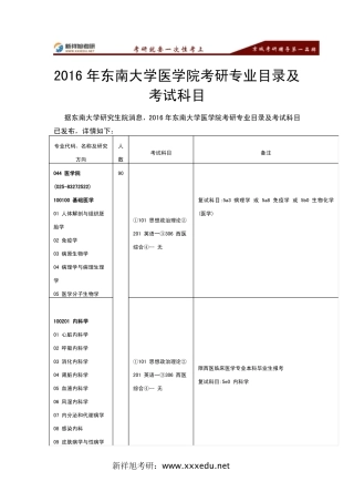 2016年东南大学医学院考研专业目录及考试科目-新祥旭考研辅导