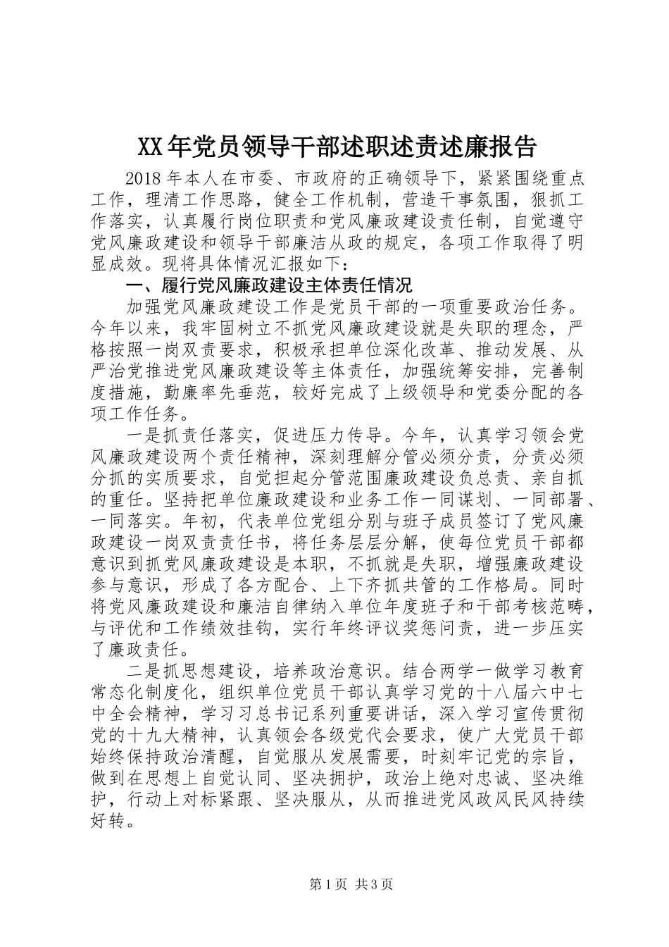 XX年党员领导干部述职述责述廉报告 (3)_第1页