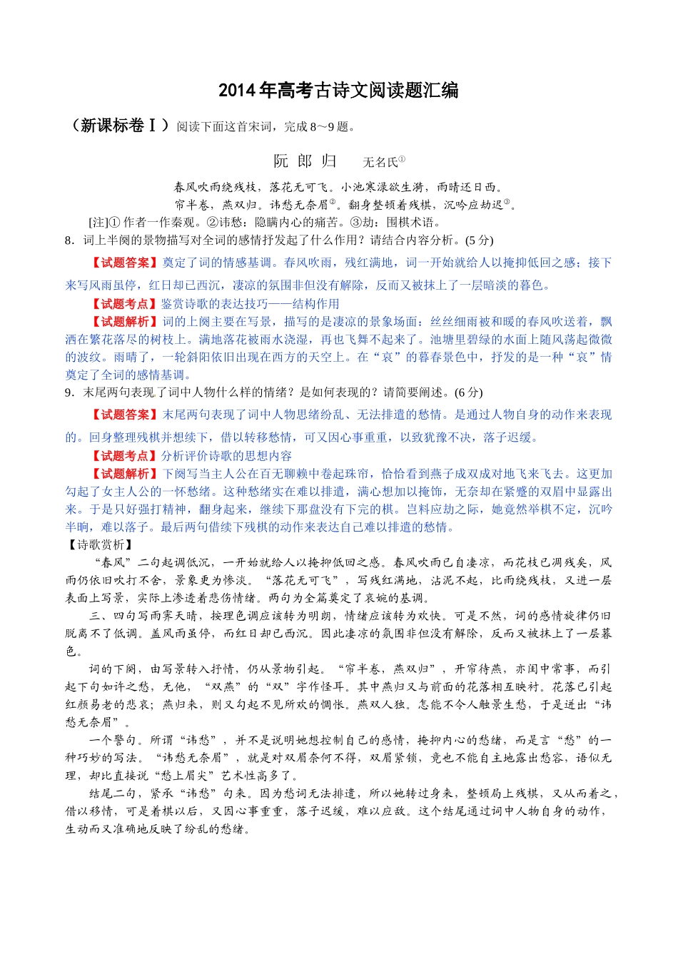 2014年高考古诗文阅读题汇编_第1页