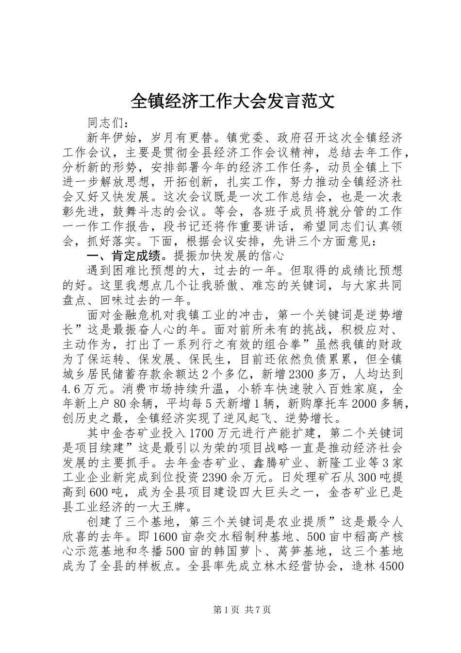 全镇经济工作大会发言范文_第1页