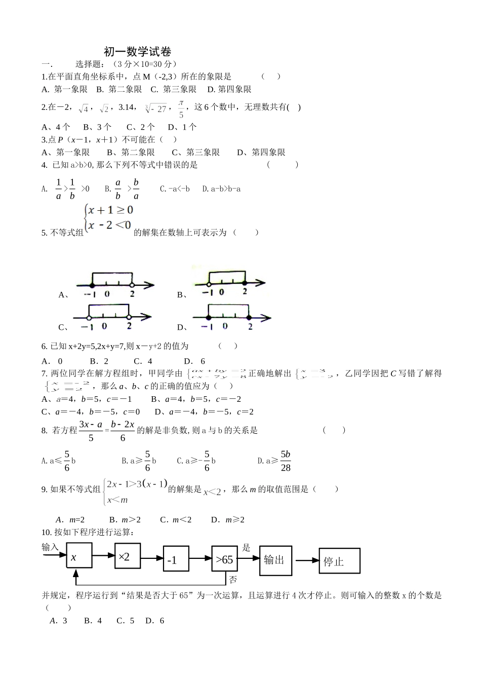 2012初一数学下期中模拟_第1页