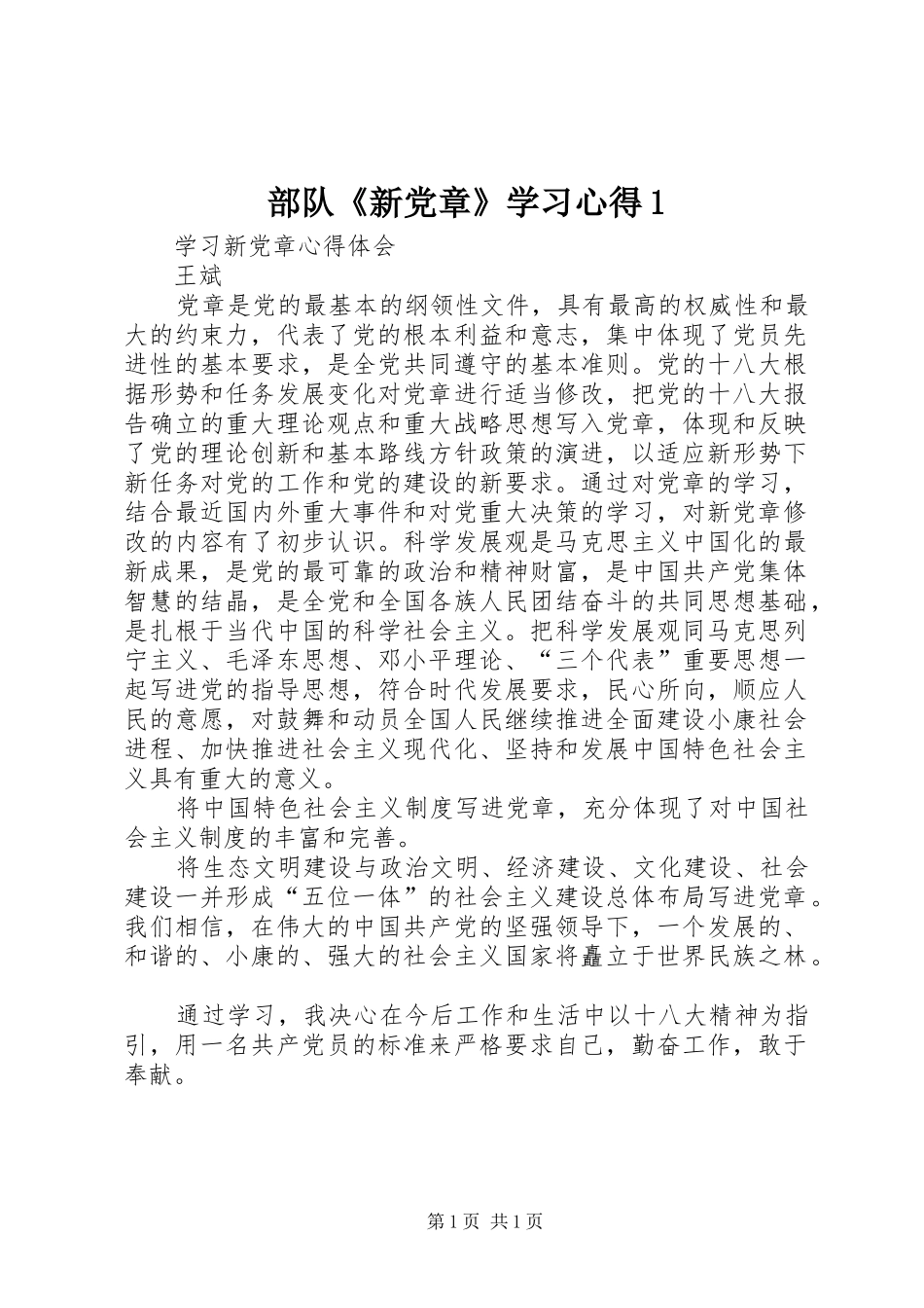 部队《新党章》学习心得1_第1页