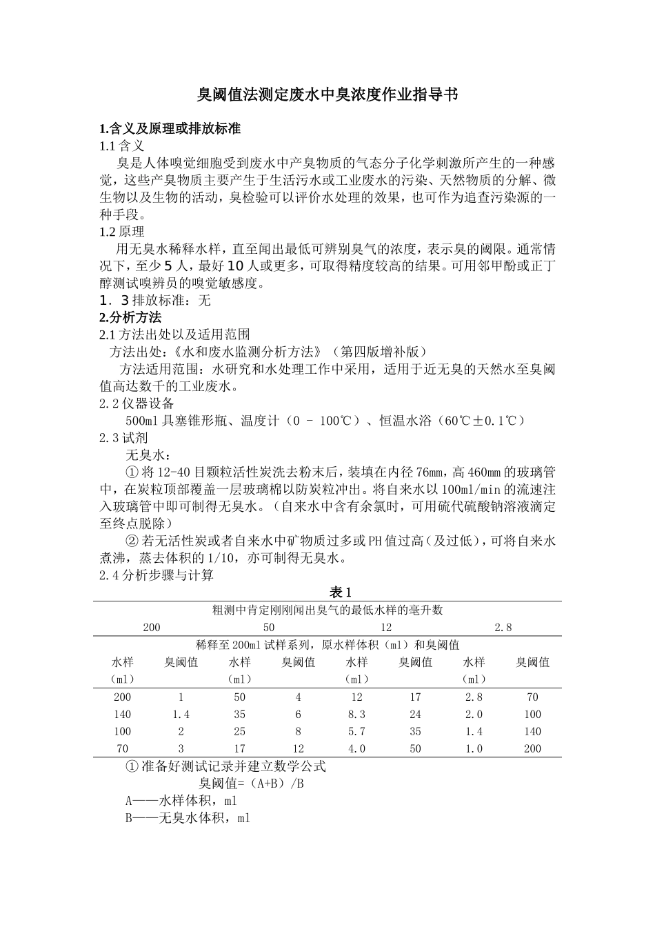 臭阈值法测定废水中臭浓度作业指导书_第1页