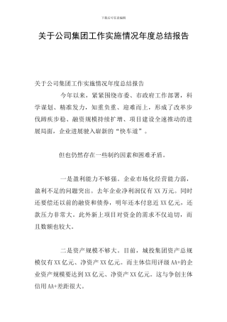 关于公司集团工作实施情况年度总结报告