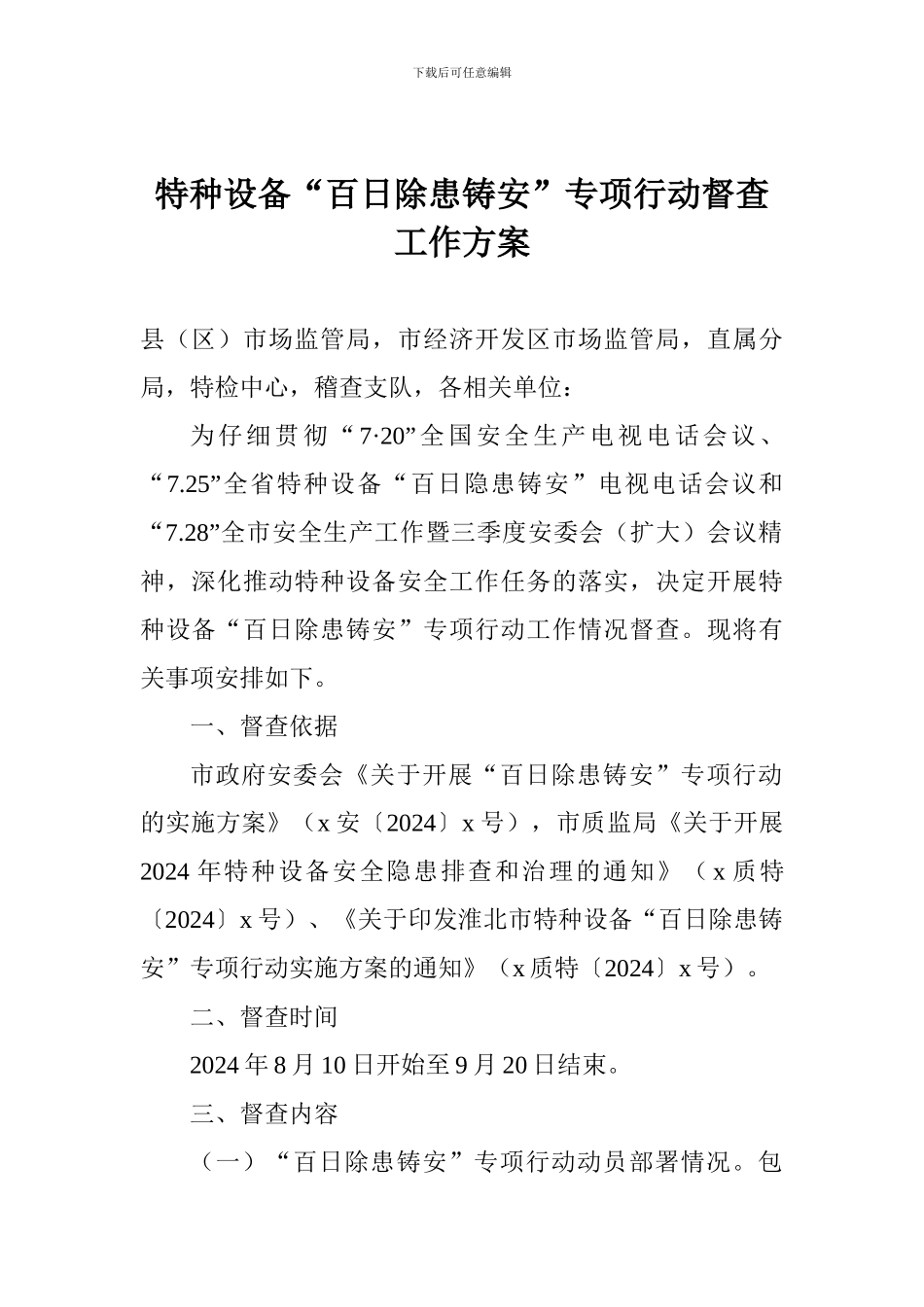 特种设备“百日除患铸安”专项行动督查工作方案_第1页