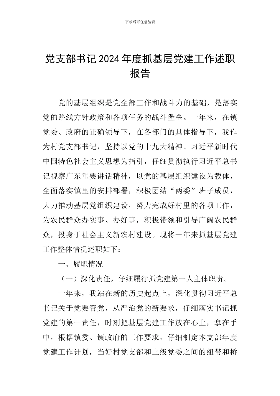 党支部书记2024年度抓基层党建工作述职报告_第1页