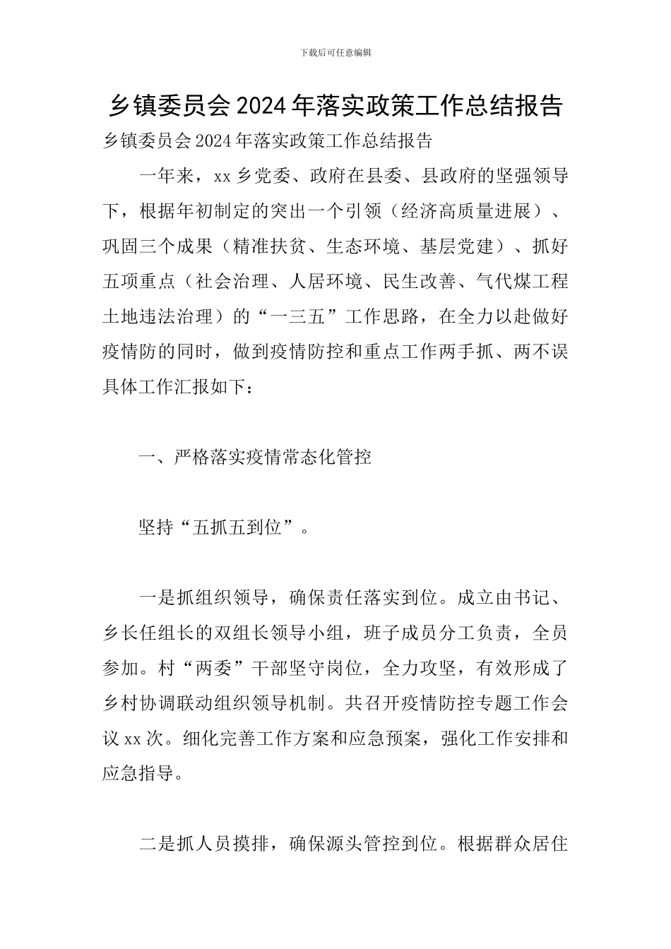 乡镇委员会2024年落实政策工作总结报告_第1页