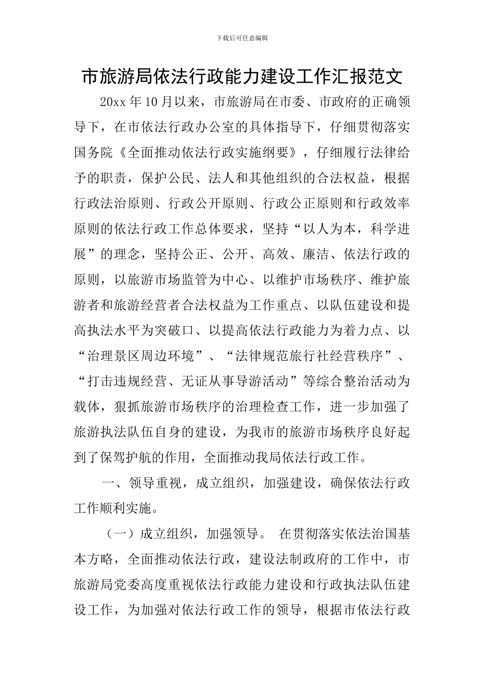 市旅游局依法行政能力建设工作汇报范文_第1页