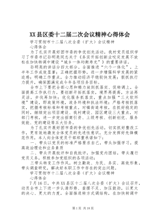 XX县区委十二届二次会议精神心得体会