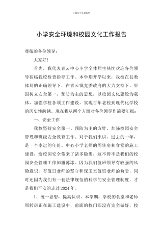小学安全环境和校园文化工作报告