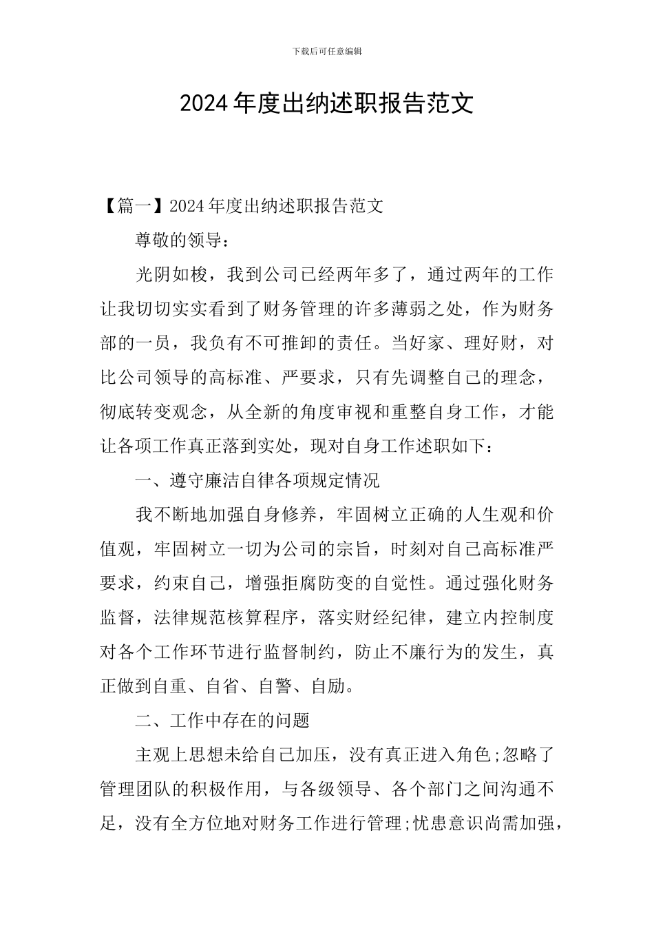 2024年度出纳述职报告范文_第1页
