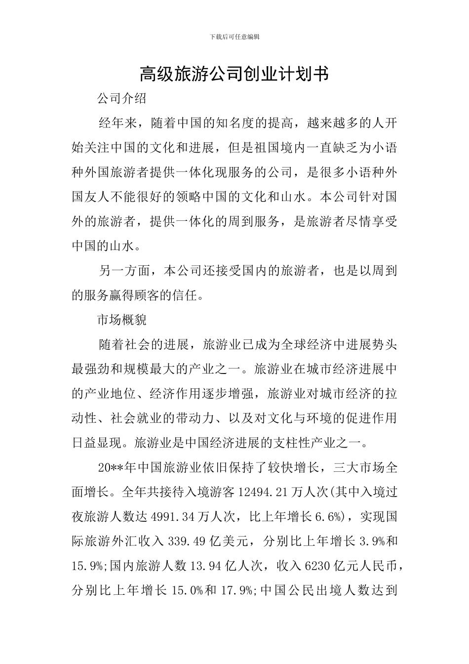 高级旅游公司创业计划书_第1页