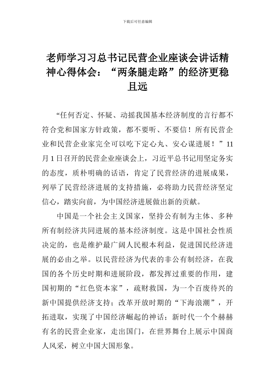 老师学习习总书记民营企业座谈会讲话精神心得体会：“两条腿走路”的经济更稳且远_第1页