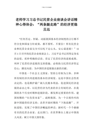 老师学习习总书记民营企业座谈会讲话精神心得体会：“两条腿走路”的经济更稳且远