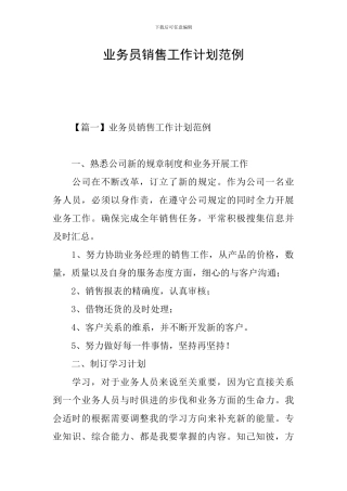 业务员销售工作计划范例