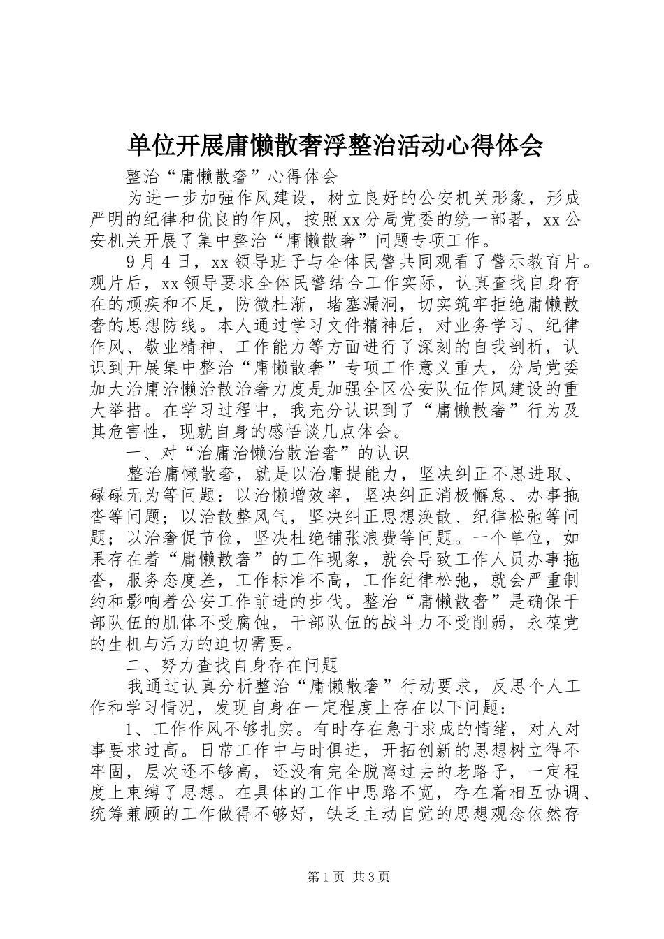 单位开展庸懒散奢浮整治活动心得体会_第1页