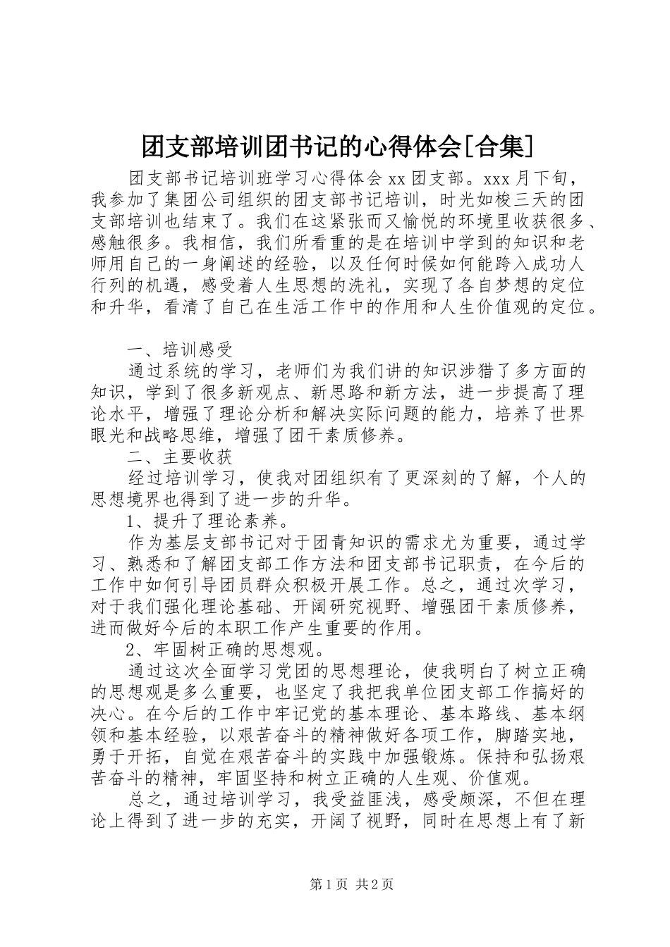 团支部培训团书记的心得体会[合集]_第1页
