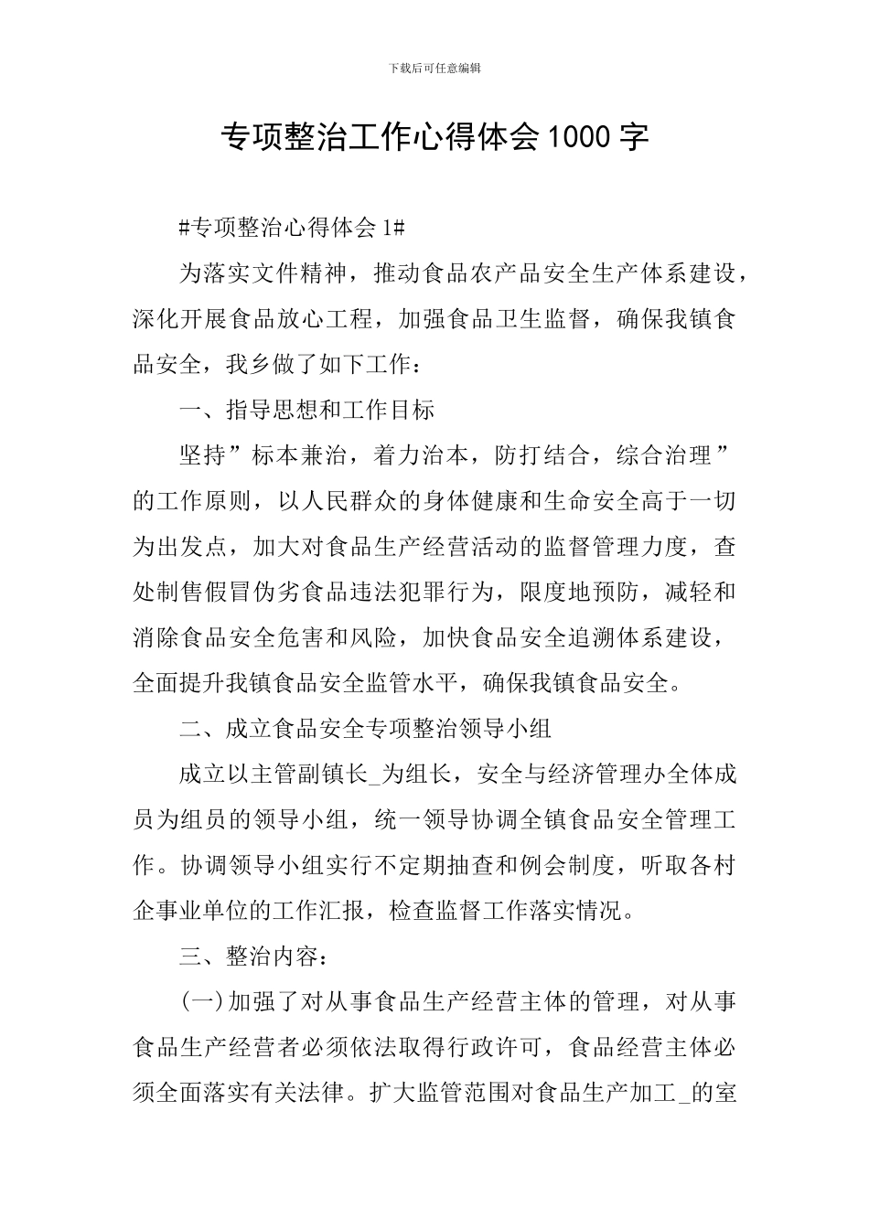 专项整治工作心得体会1000字_第1页