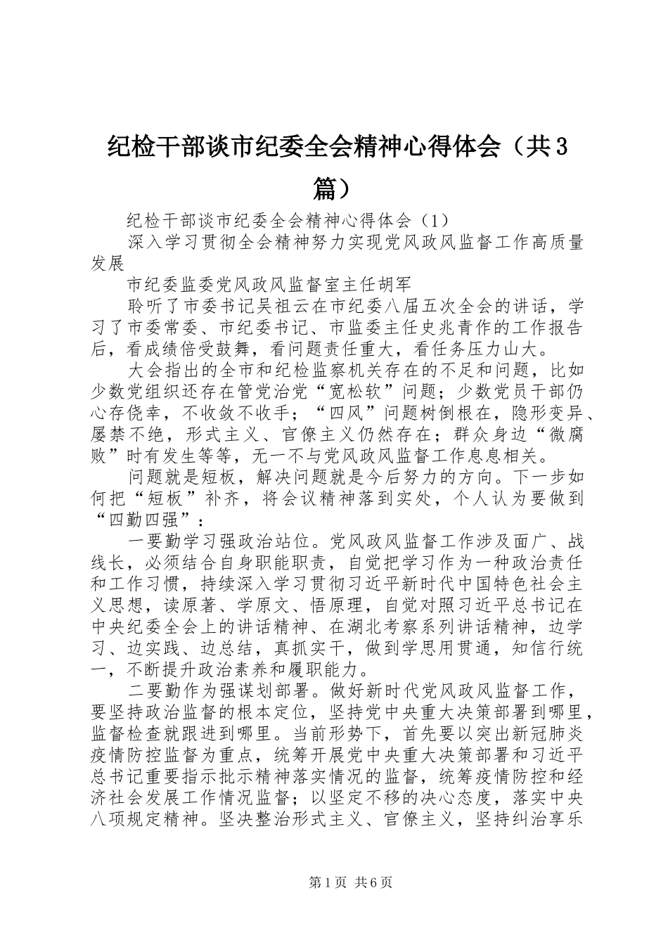 纪检干部谈市纪委全会精神心得体会（共3篇）_第1页