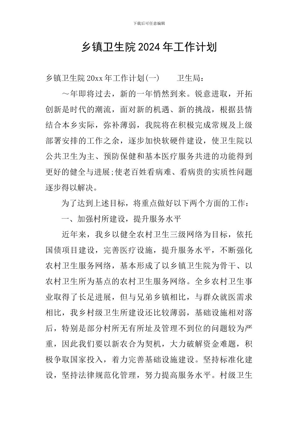 乡镇卫生院2024年工作计划_第1页