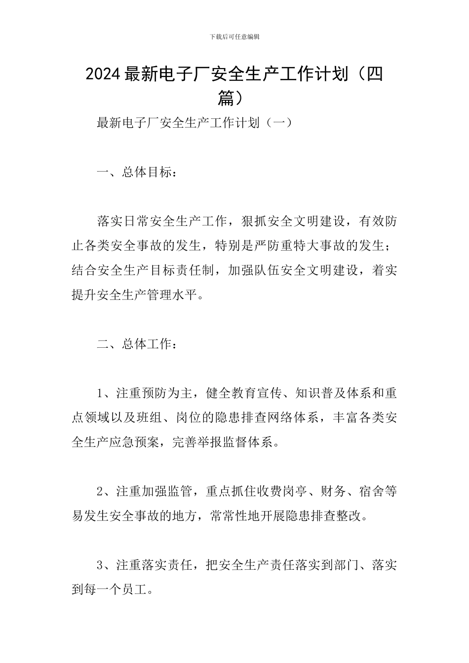 2024最新电子厂安全生产工作计划_第1页