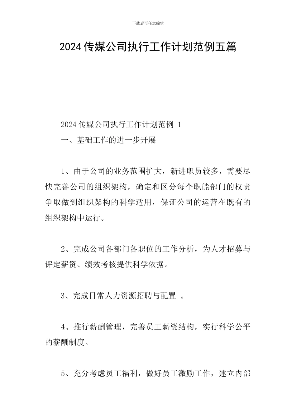 2024传媒公司执行工作计划范例五篇_第1页