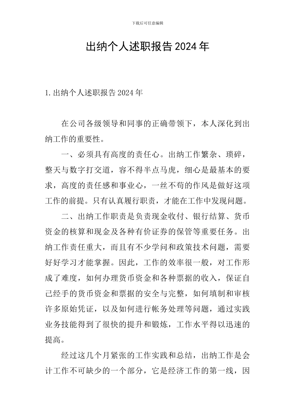 出纳个人述职报告2024年_第1页