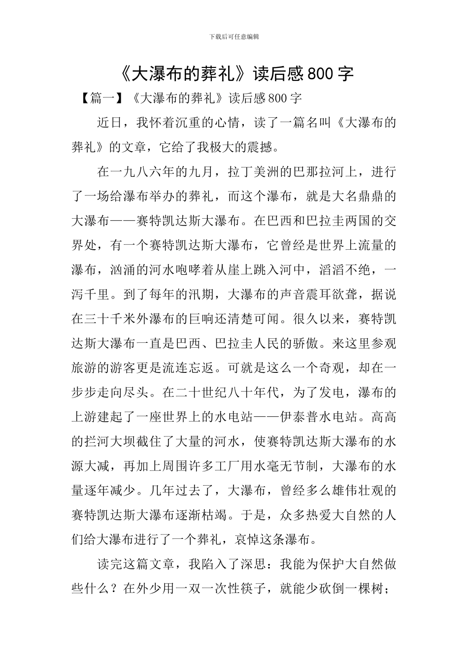 《大瀑布的葬礼》读后感800字_第1页