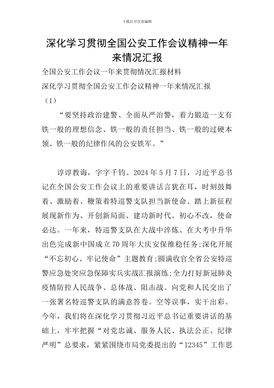 深入学习贯彻全国公安工作会议精神一年来情况汇报_第1页
