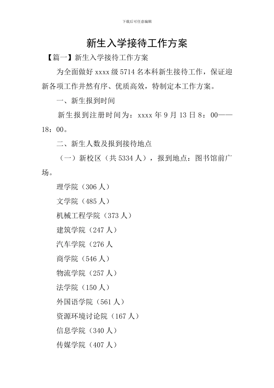 新生入学接待工作方案_第1页