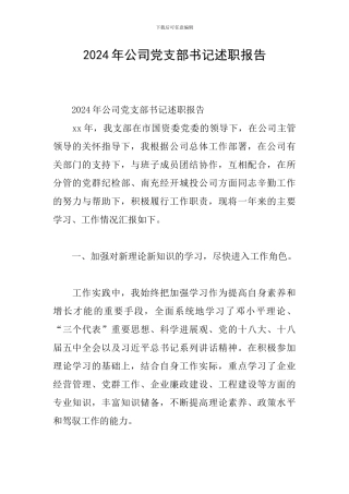 2024年公司党支部书记述职报告