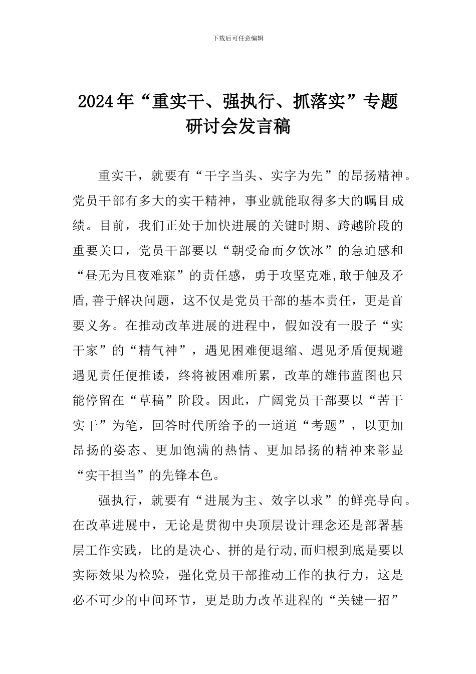 2024年“重实干、强执行、抓落实”专题研讨会发言稿_第1页