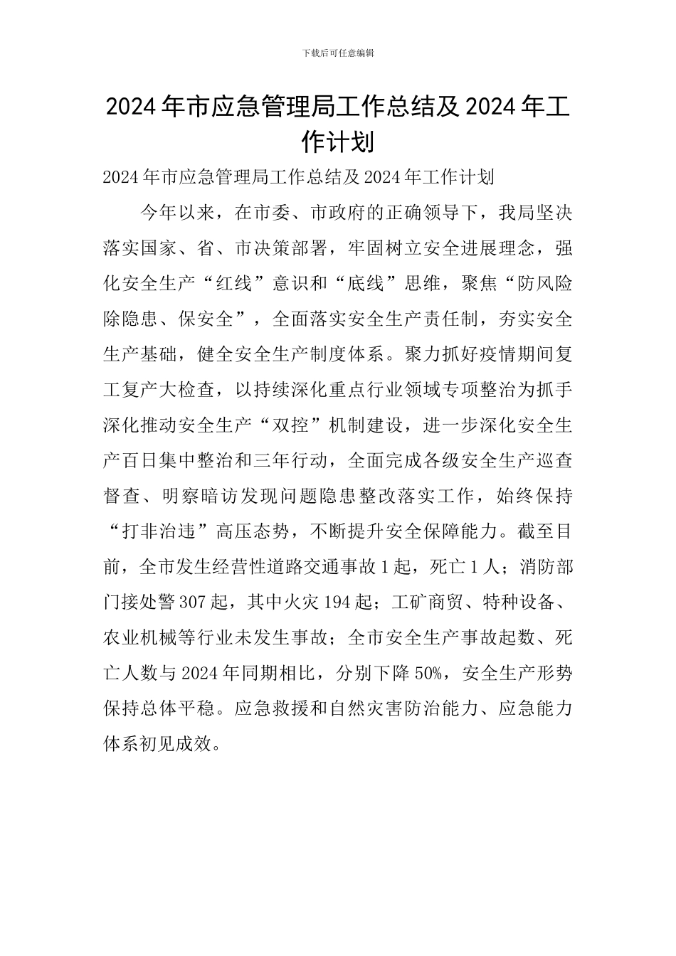 2024年市应急管理局工作总结及2024年工作计划_第1页