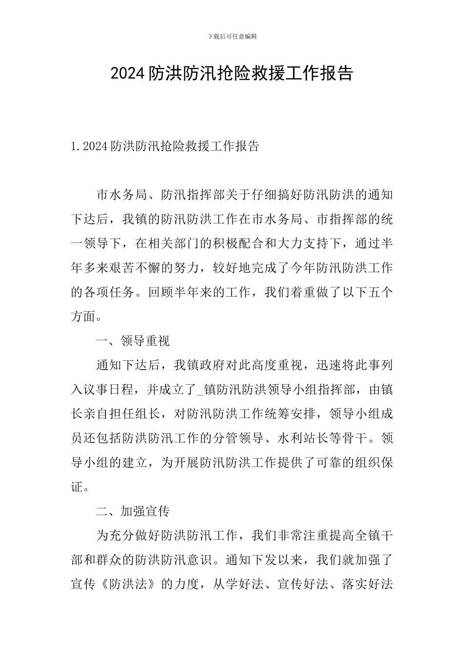 2024防洪防汛抢险救援工作报告_第1页