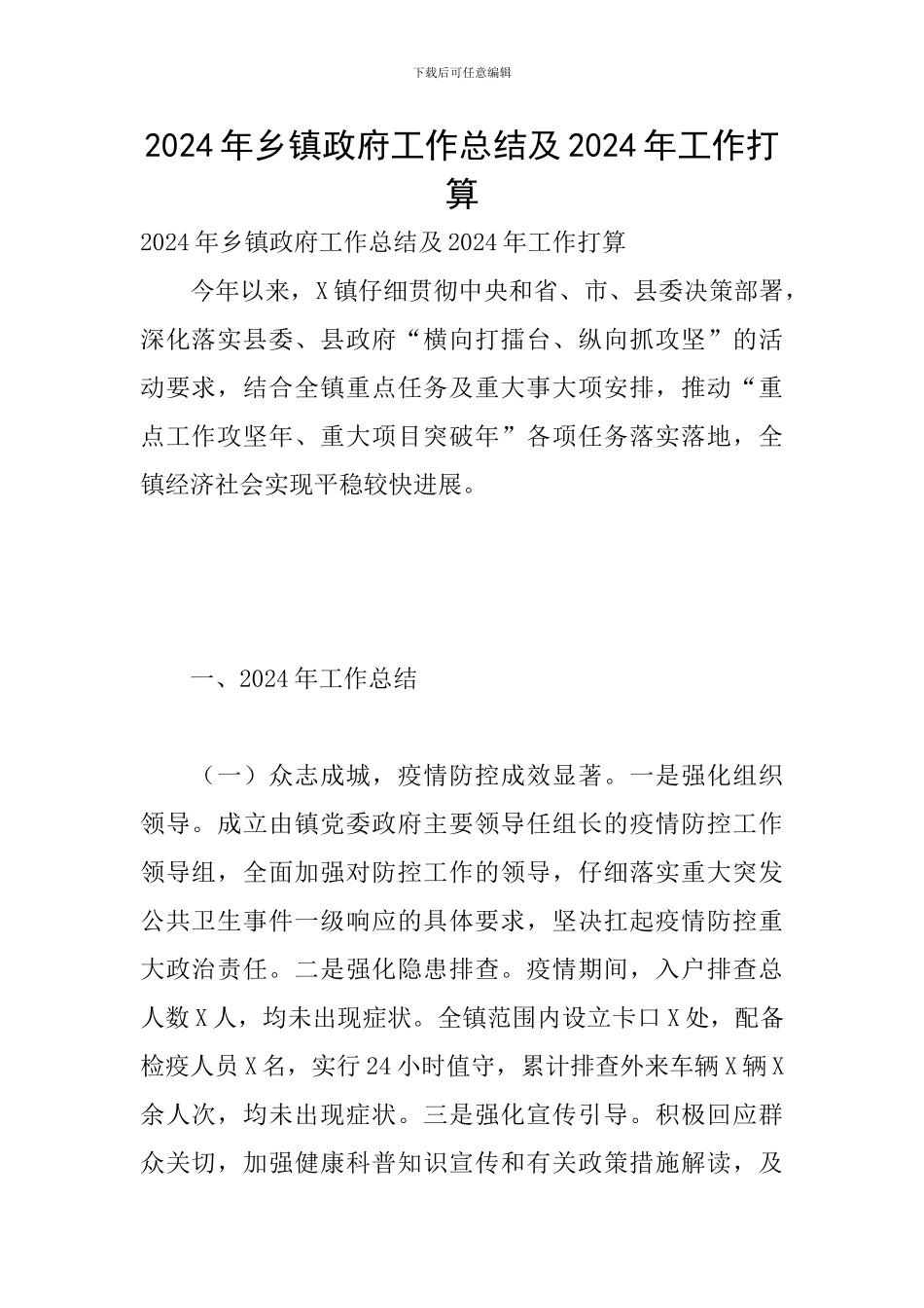 2024年乡镇政府工作总结及2024年工作打算_第1页