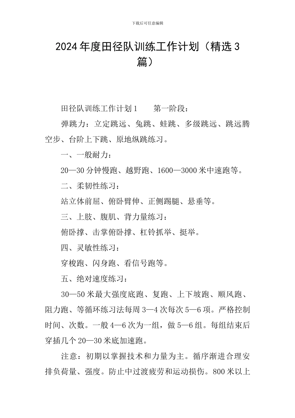 2024年度田径队训练工作计划_第1页