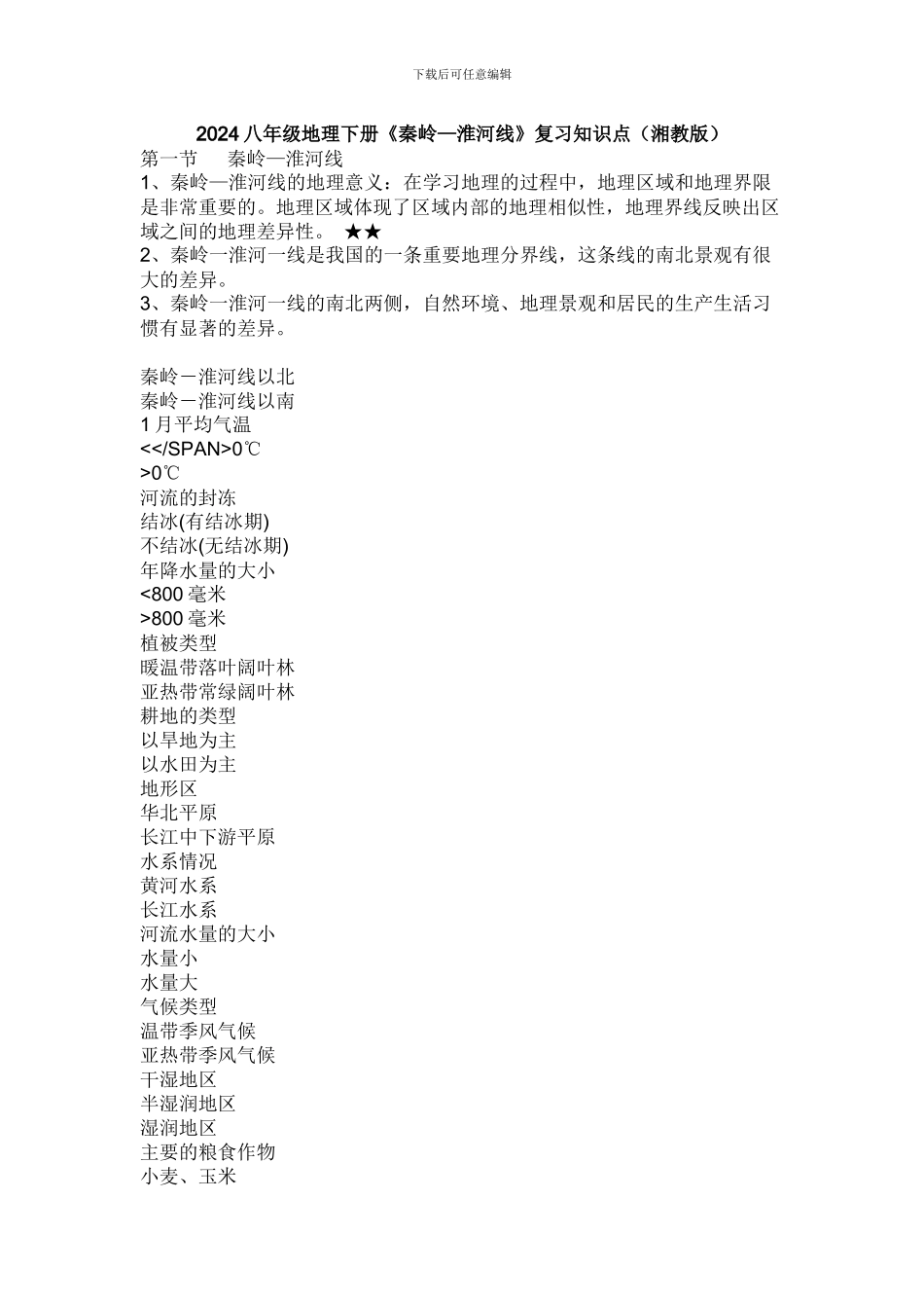 2024八年级地理下册《秦岭—淮河线》复习知识点_第1页