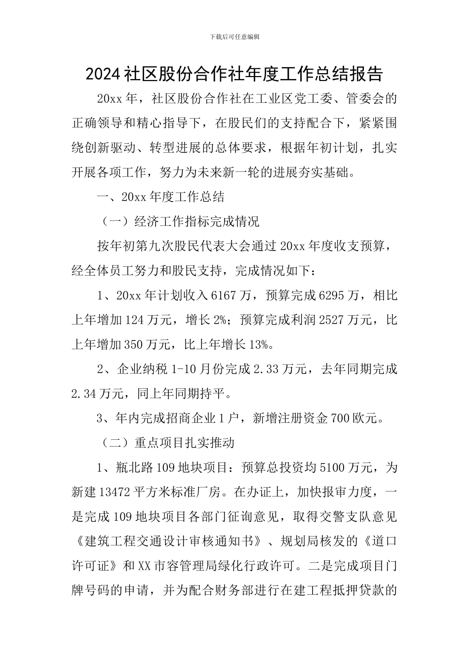 2024社区股份合作社年度工作总结报告_第1页