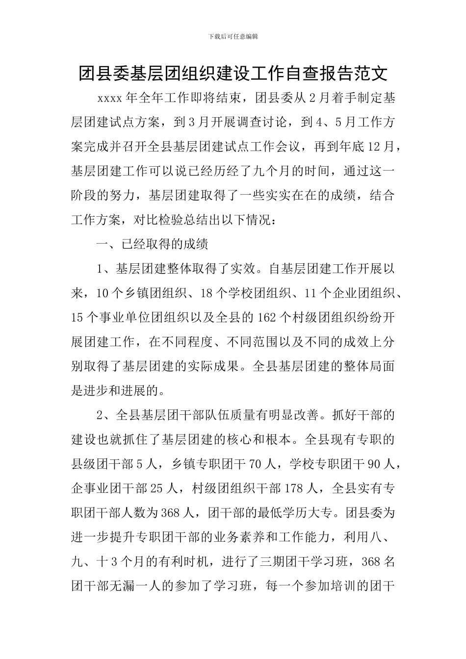团县委基层团组织建设工作自查报告范文_第1页