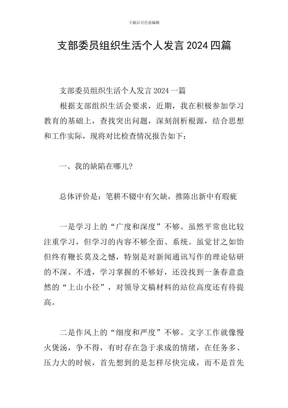 支部委员组织生活个人发言2024四篇_第1页
