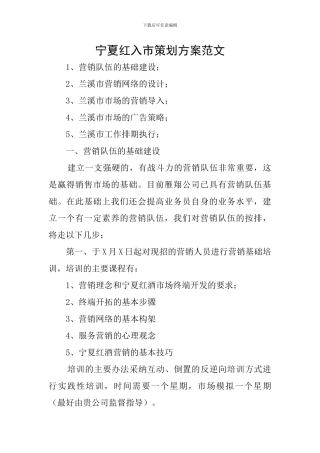 宁夏红入市策划方案范文