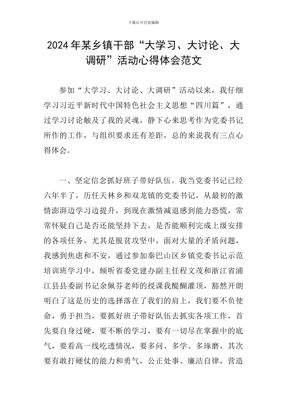 2024年某乡镇干部“大学习、大讨论、大调研”活动心得体会范文_第1页