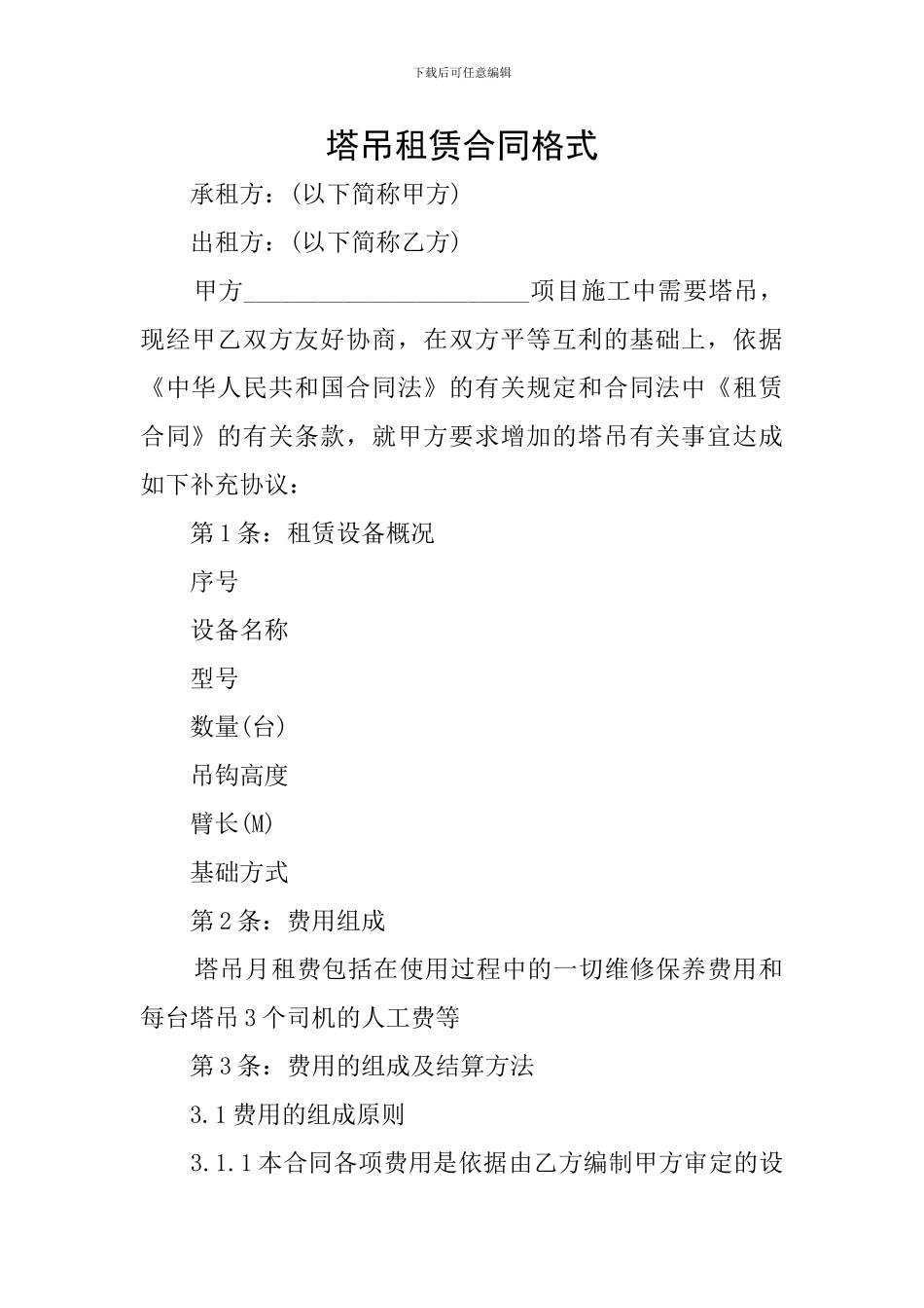 塔吊租赁合同格式_第1页